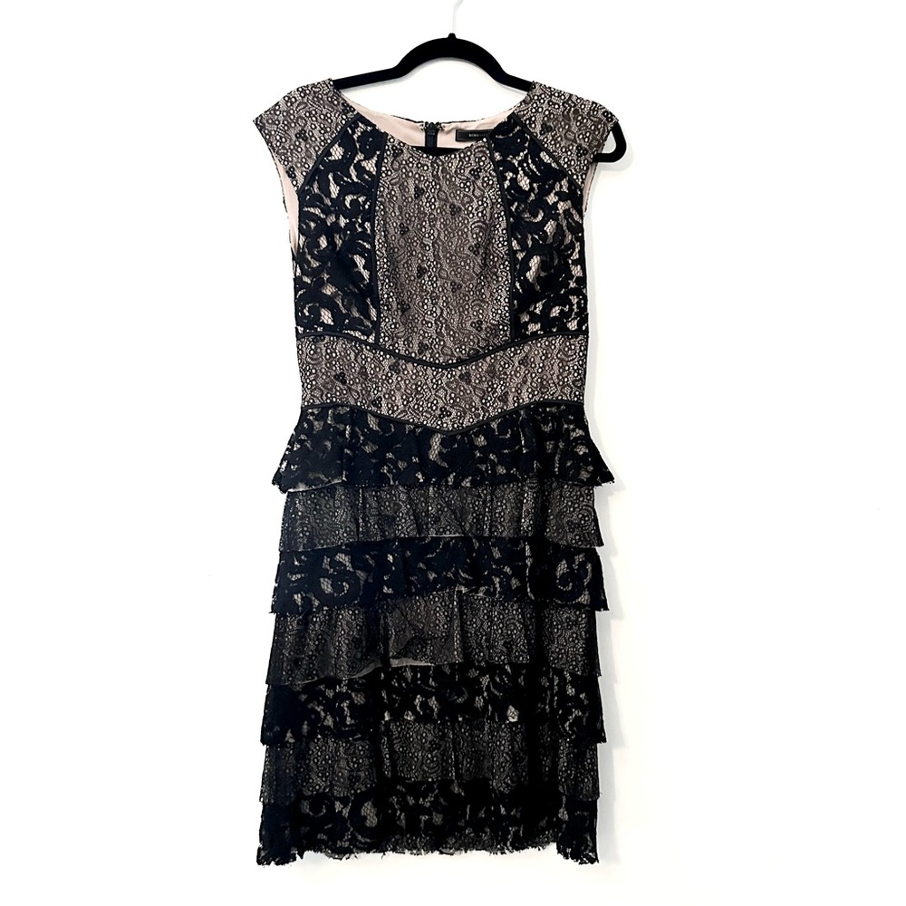 BCBGMaxAzria Black and Cream Tiered Lace Dress